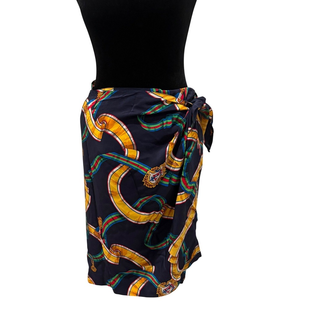 Linda Allard Ellen Tracy Equestrian 100% Silk Wrap Skirt Size L Nautical Crest